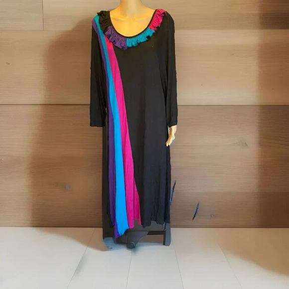 VTG Phool India MidiDress Black Multicolor Block Stretchy Festival Largenlook 2X - Picture 1 of 10